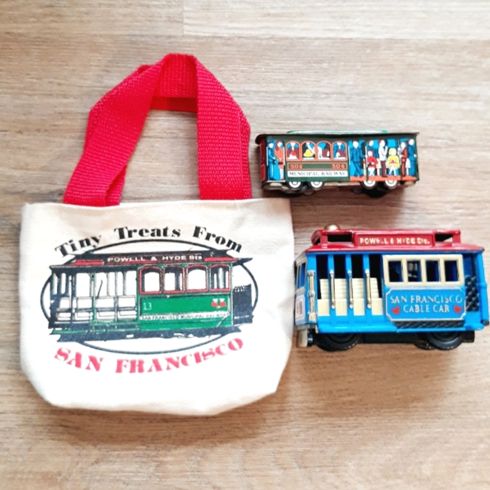 Vintage San Francisco 504 Tin Litho Trolley + Rolling Cable Car + Mini Tote Bag